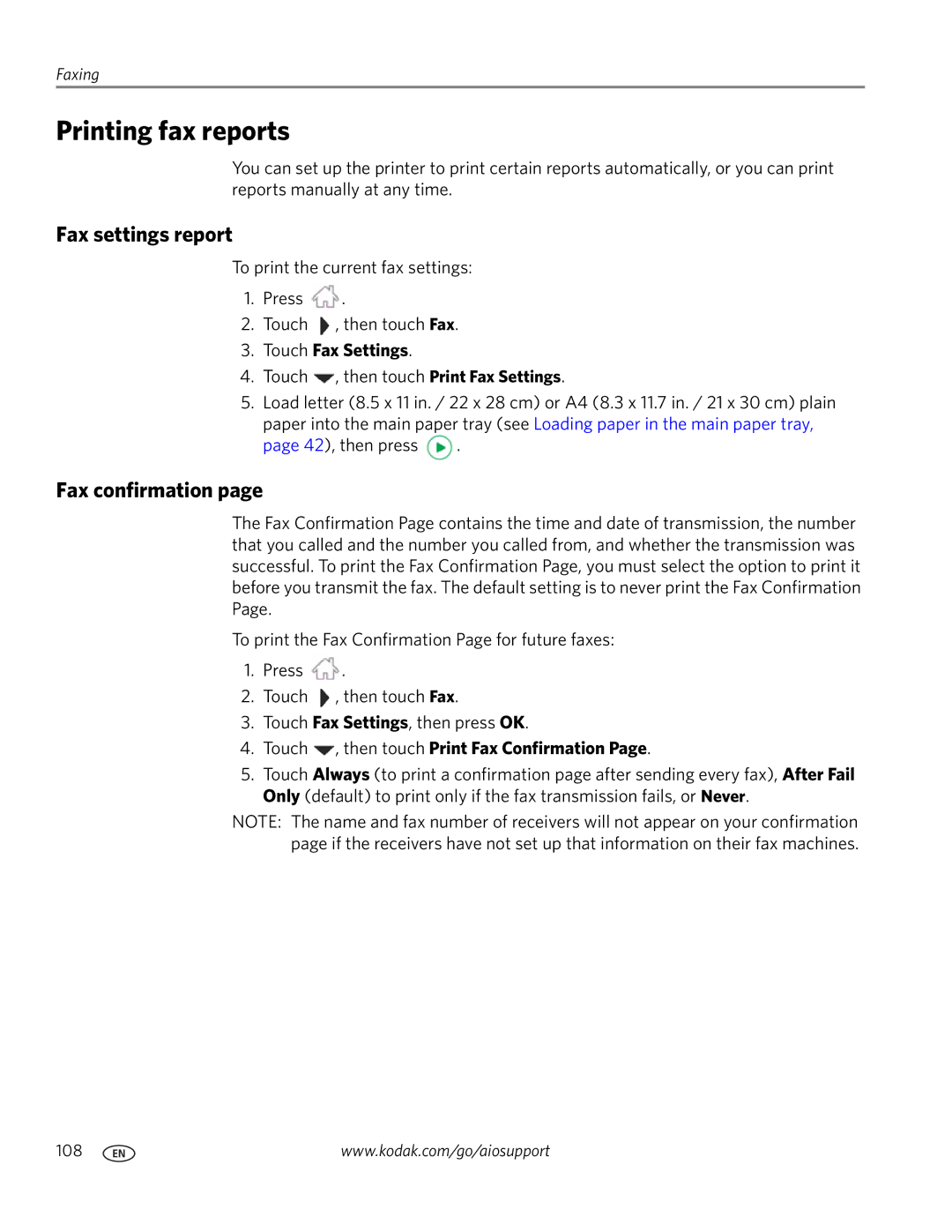 Kodak 9.1 manual Printing fax reports, Fax settings report, Fax confirmation, Touch Fax Settings 