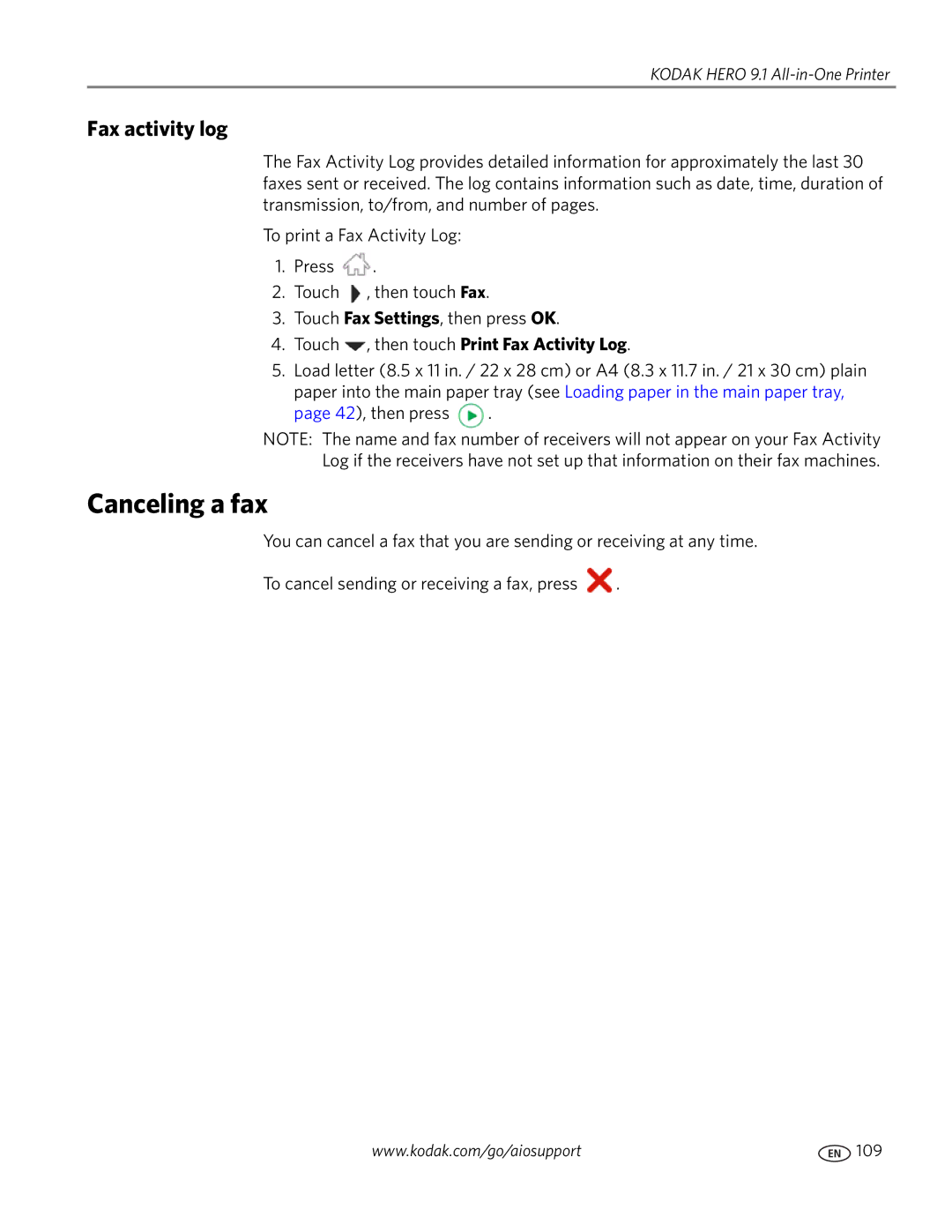 Kodak 9.1 manual Canceling a fax, Fax activity log, Touch , then touch Print Fax Activity Log 