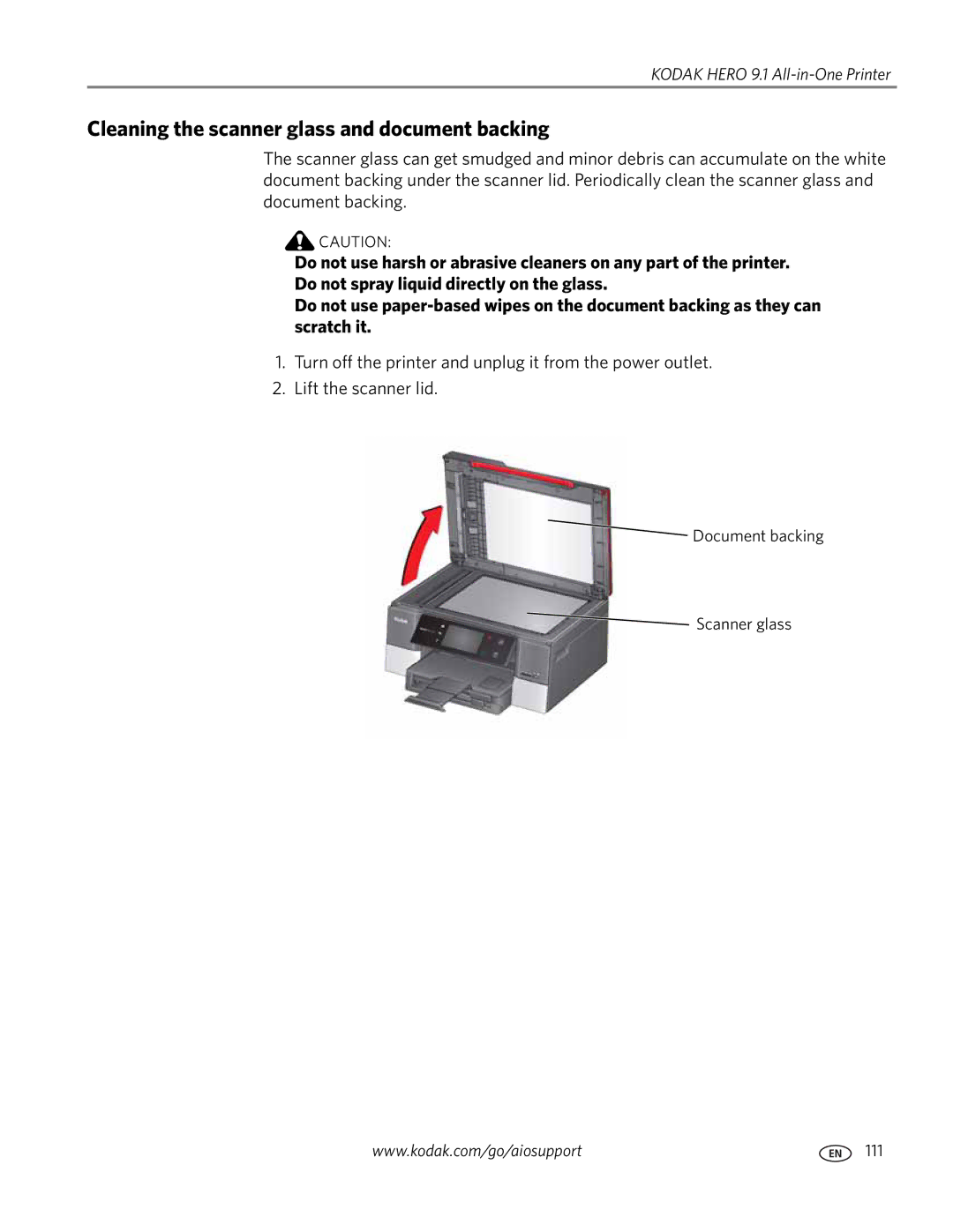 Kodak 9.1 manual Cleaning the scanner glass and document backing 