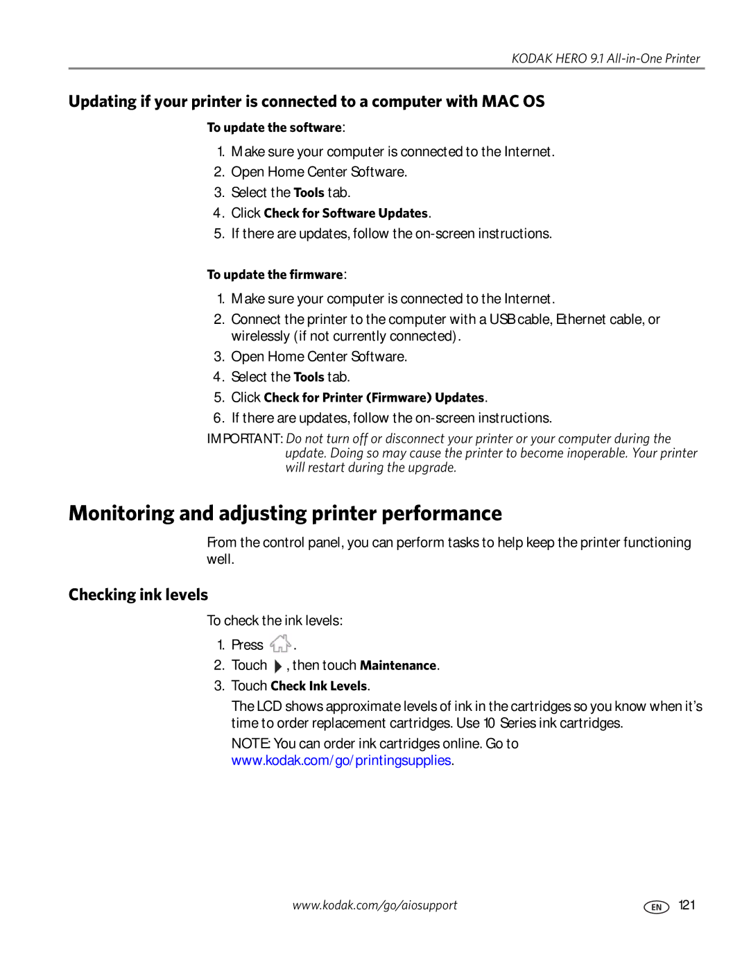 Kodak 9.1 manual Monitoring and adjusting printer performance, Checking ink levels 