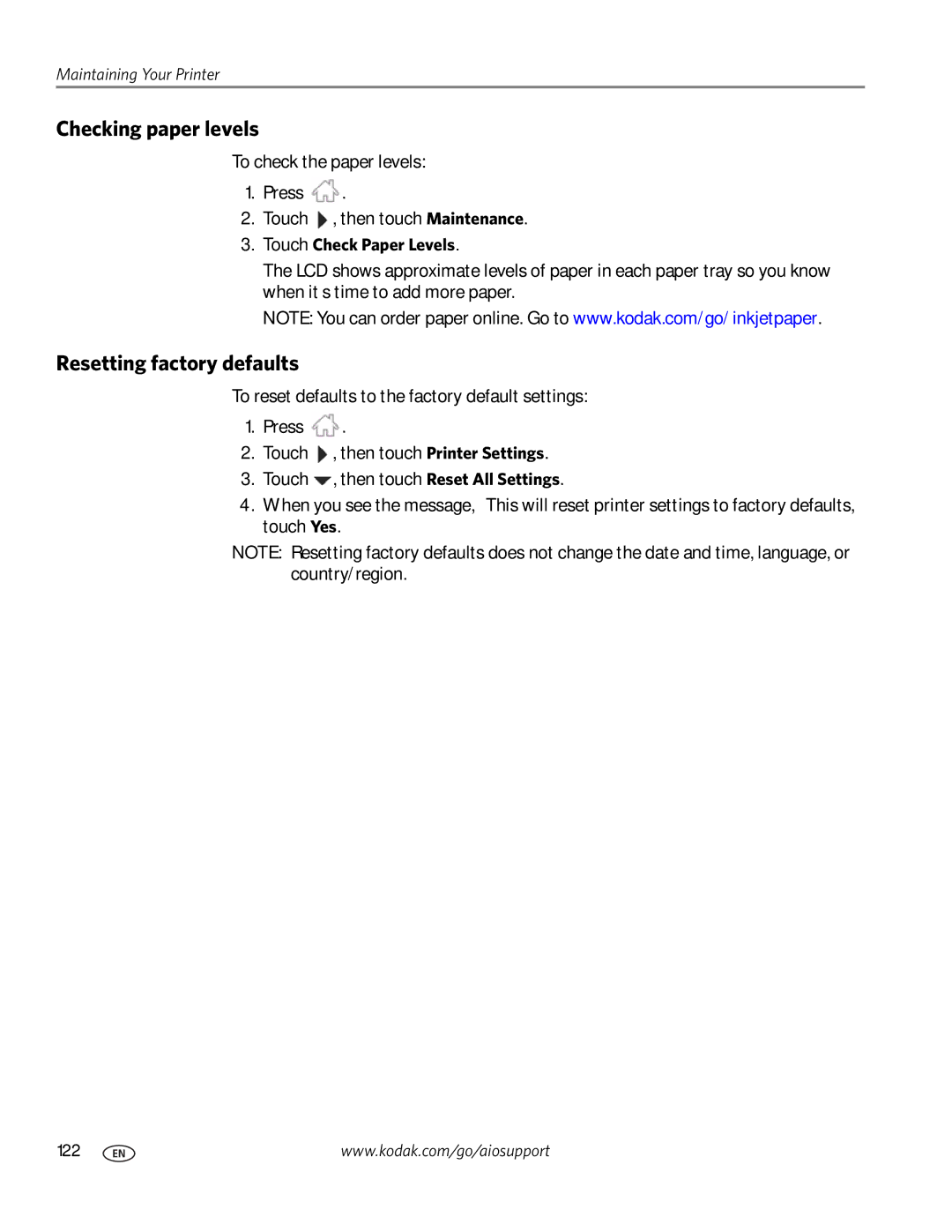 Kodak 9.1 manual Checking paper levels, Resetting factory defaults, Touch Check Paper Levels 