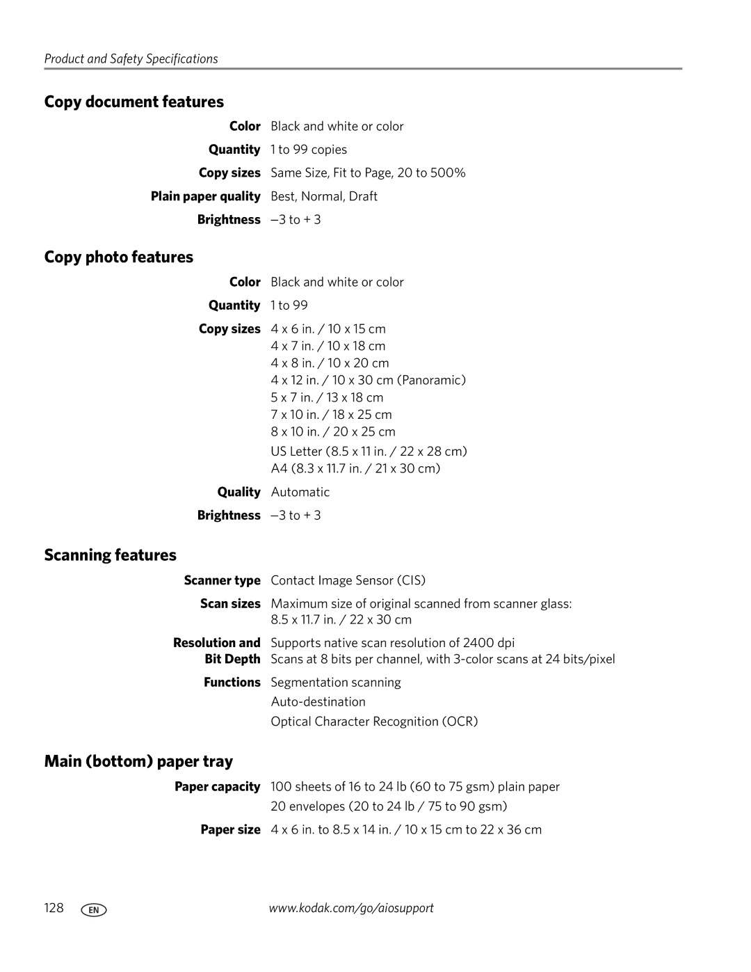 Kodak 9.1 manual Copy document features, Copy photo features, Scanning features, Main bottom paper tray 