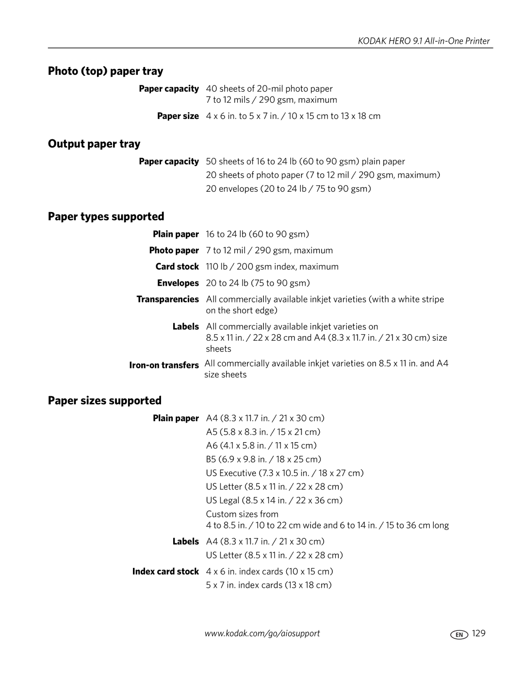 Kodak 9.1 manual Photo top paper tray, Output paper tray, Paper types supported, Paper sizes supported 