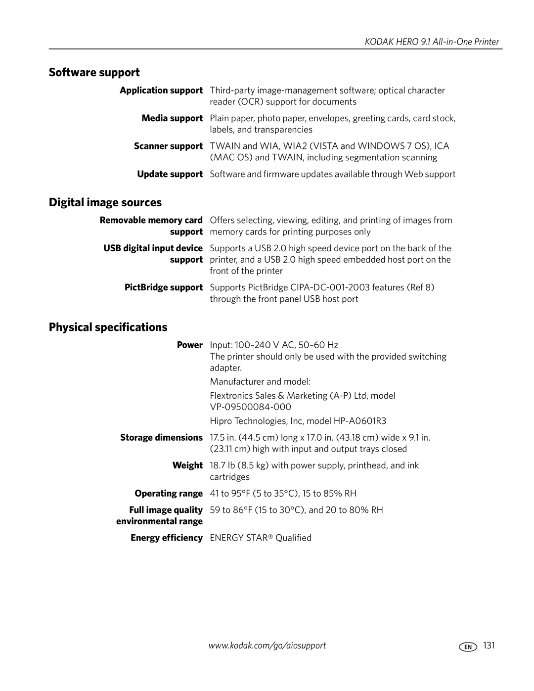 Kodak 9.1 manual Software support, Digital image sources, Physical specifications 