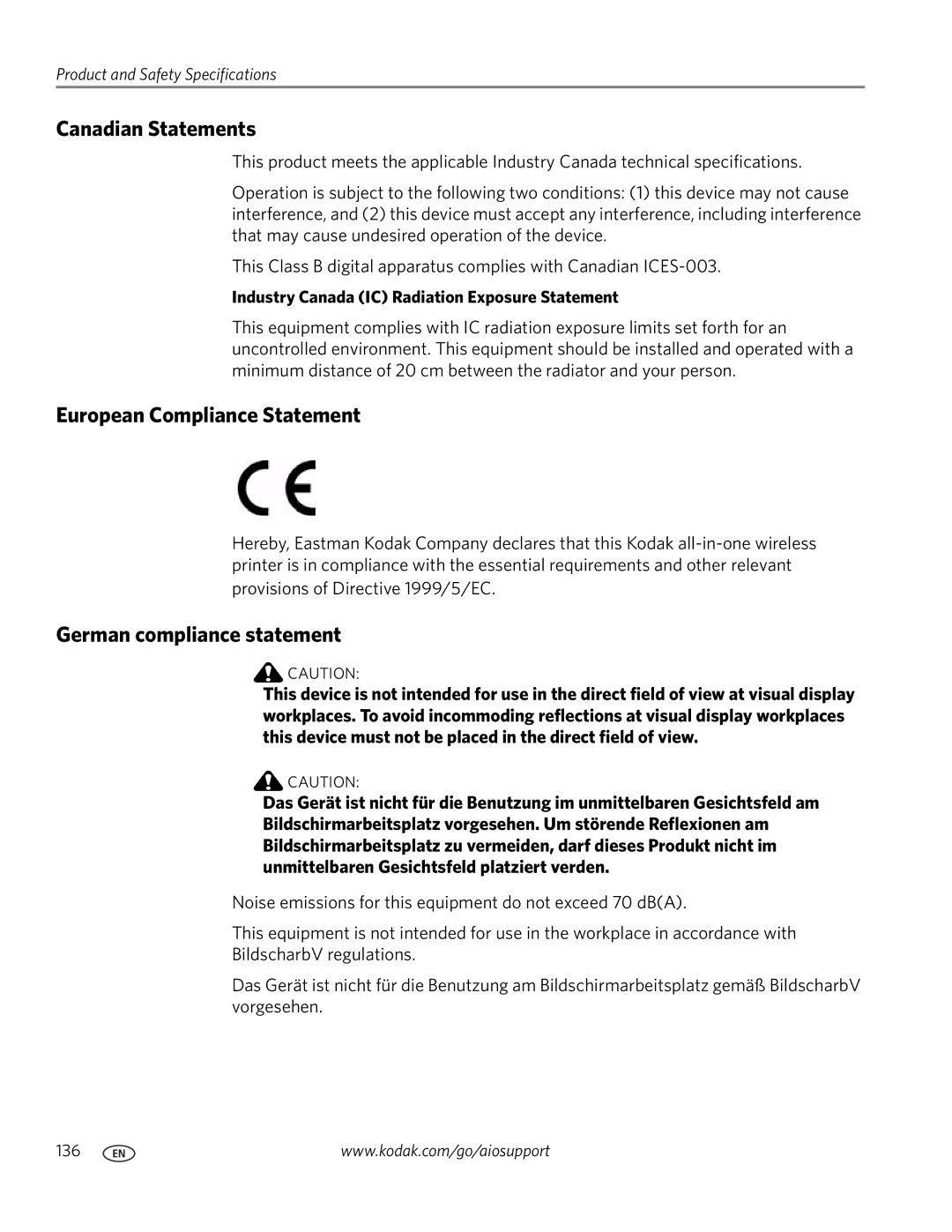 Kodak 9.1 manual Canadian Statements, European Compliance Statement, German compliance statement 