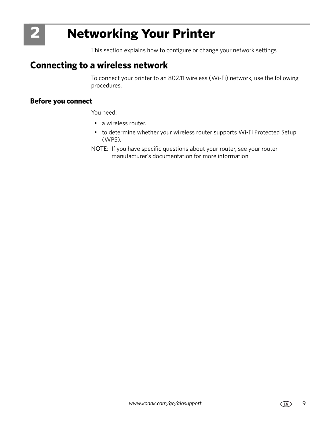 Kodak 9.1 manual Networking Your Printer, Connecting to a wireless network, Before you connect 