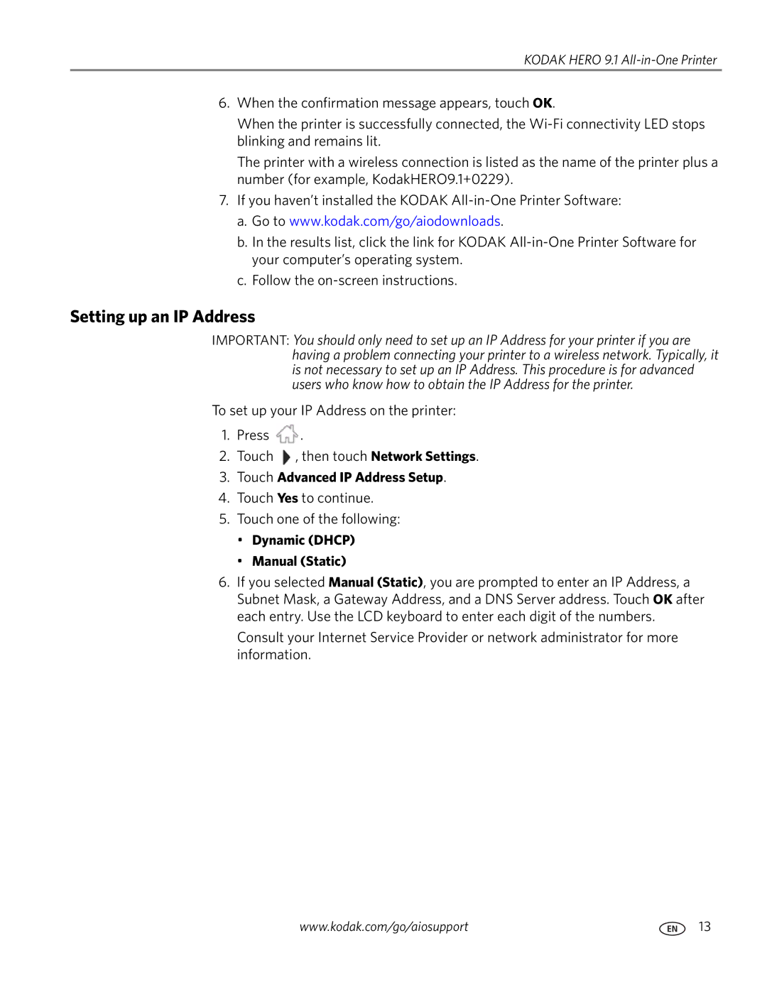 Kodak 9.1 manual Setting up an IP Address, Touch Advanced IP Address Setup, Dynamic Dhcp Manual Static 