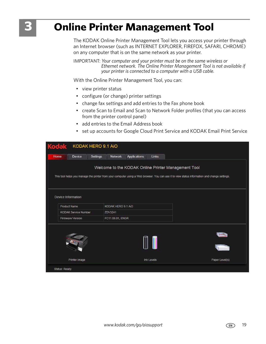 Kodak 9.1 manual Online Printer Management Tool 