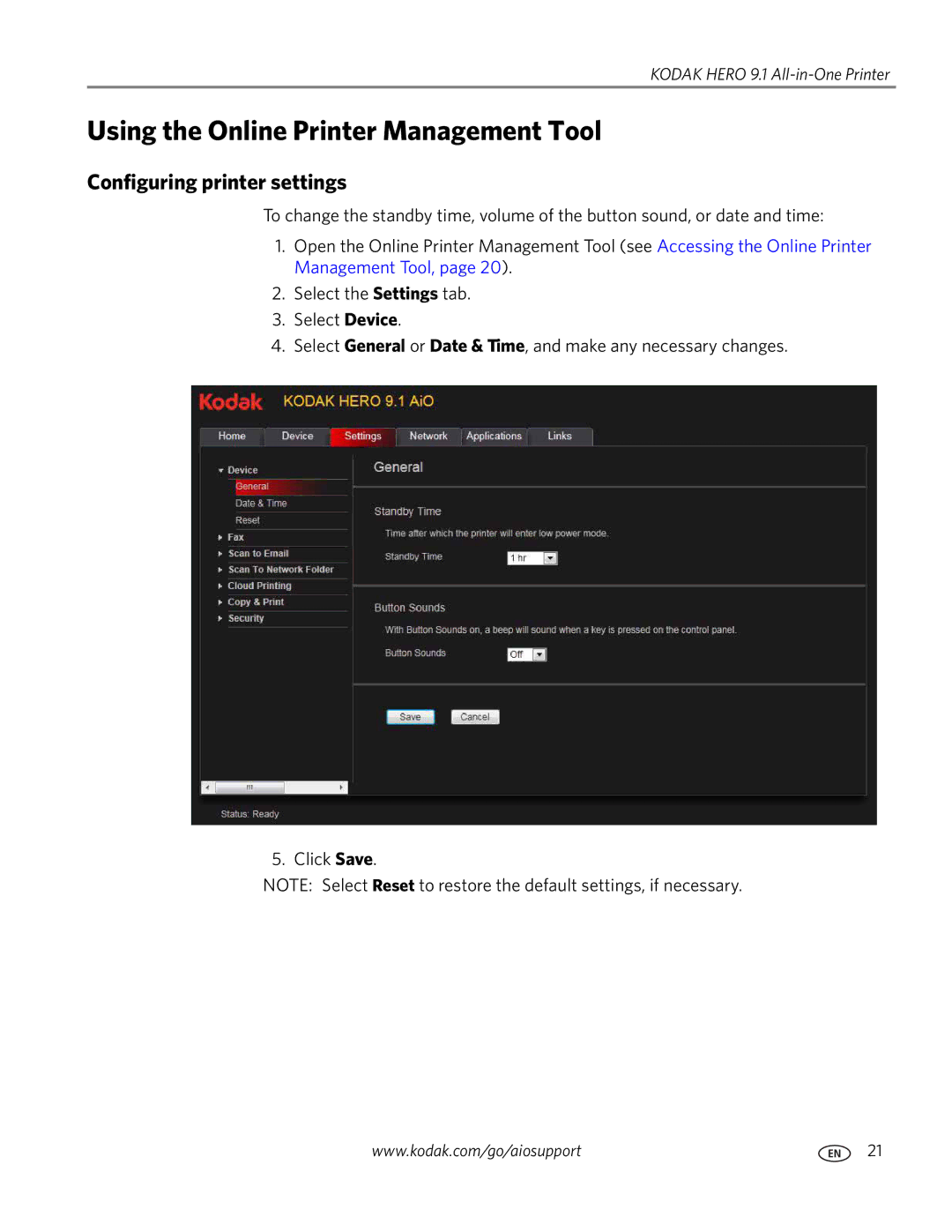 Kodak 9.1 manual Using the Online Printer Management Tool, Configuring printer settings 