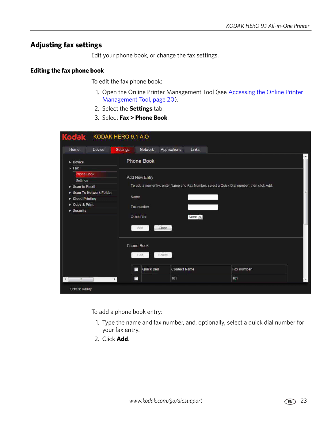 Kodak 9.1 manual Adjusting fax settings, Editing the fax phone book, Select Fax Phone Book 