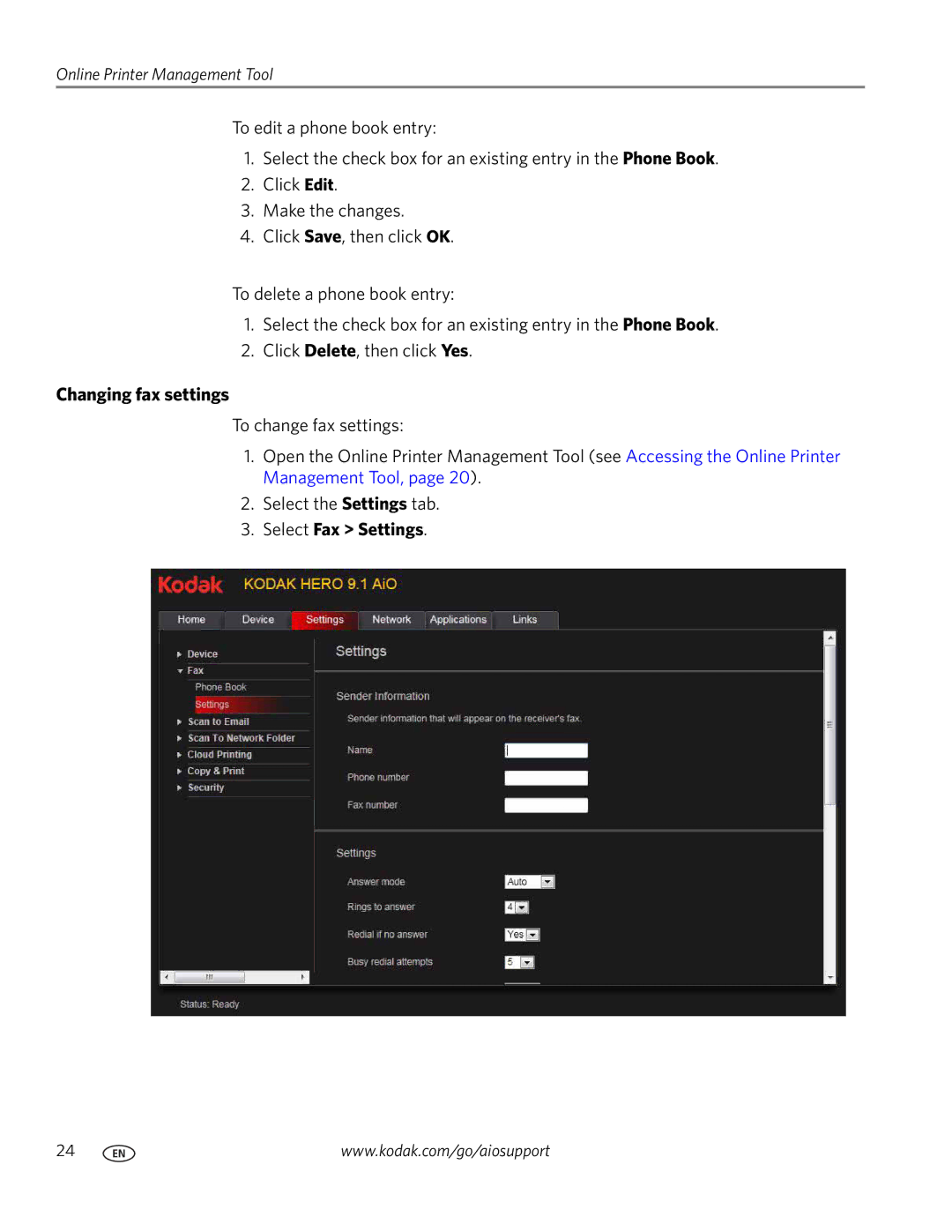 Kodak 9.1 manual Changing fax settings, Select Fax Settings 