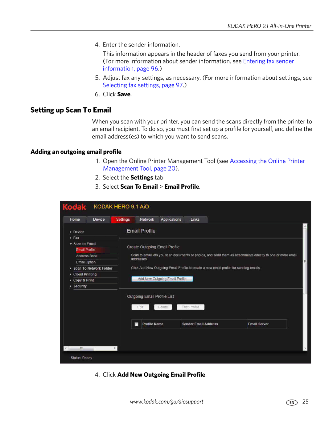 Kodak 9.1 manual Setting up Scan To Email, Adding an outgoing email profile 