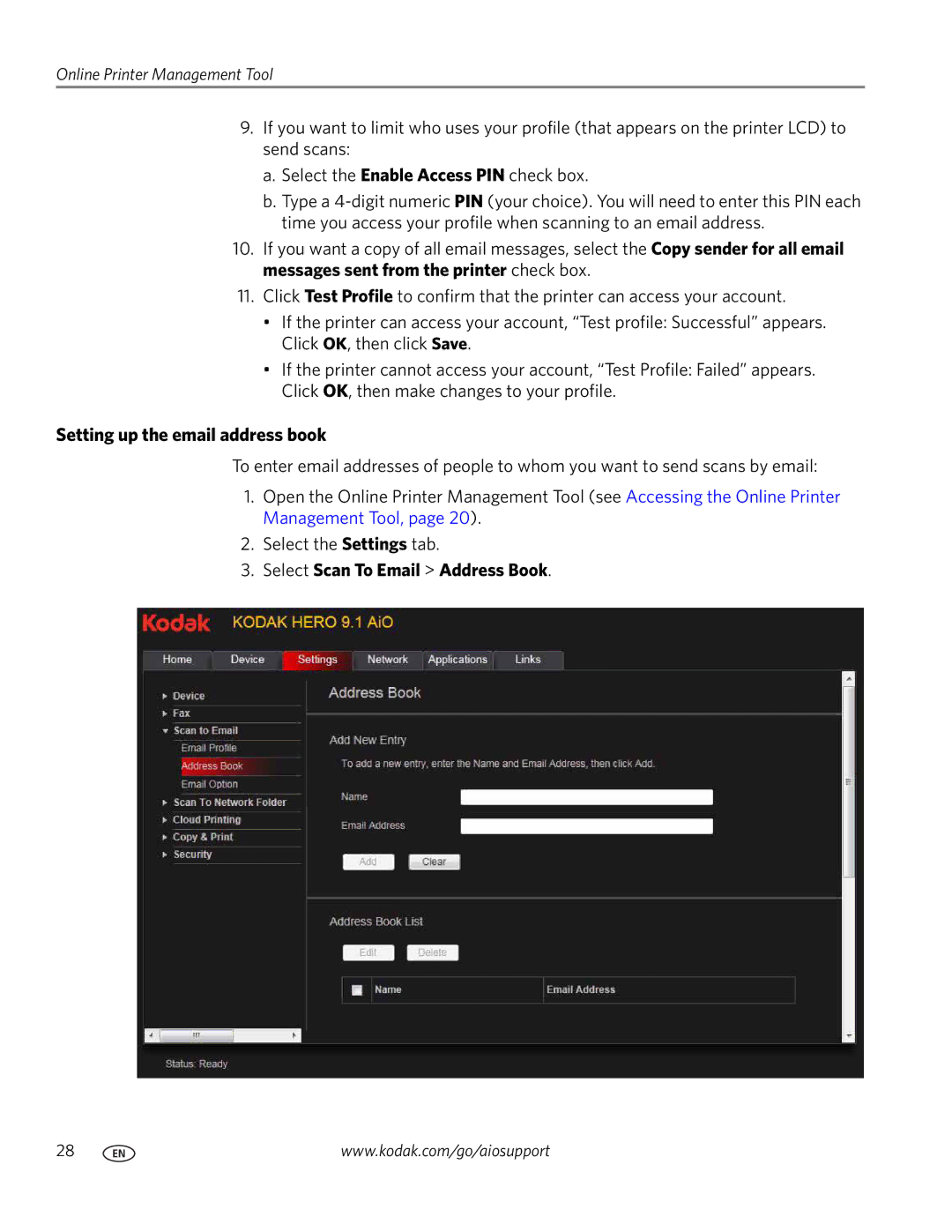 Kodak 9.1 manual Setting up the email address book, Select Scan To Email Address Book 