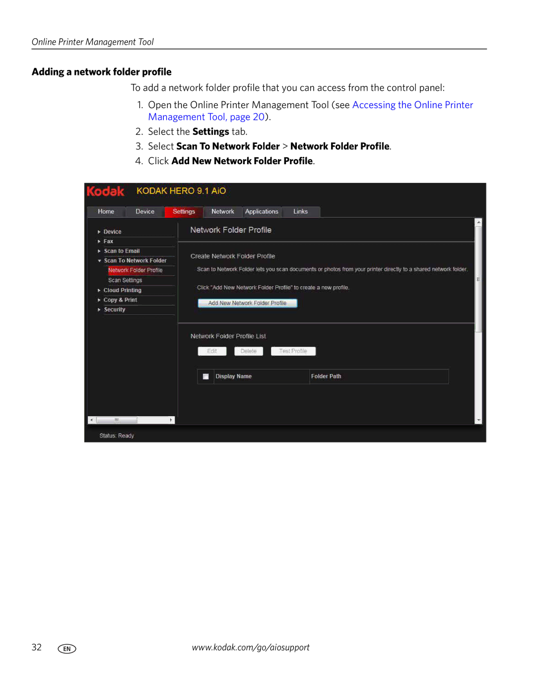 Kodak 9.1 manual Adding a network folder profile 