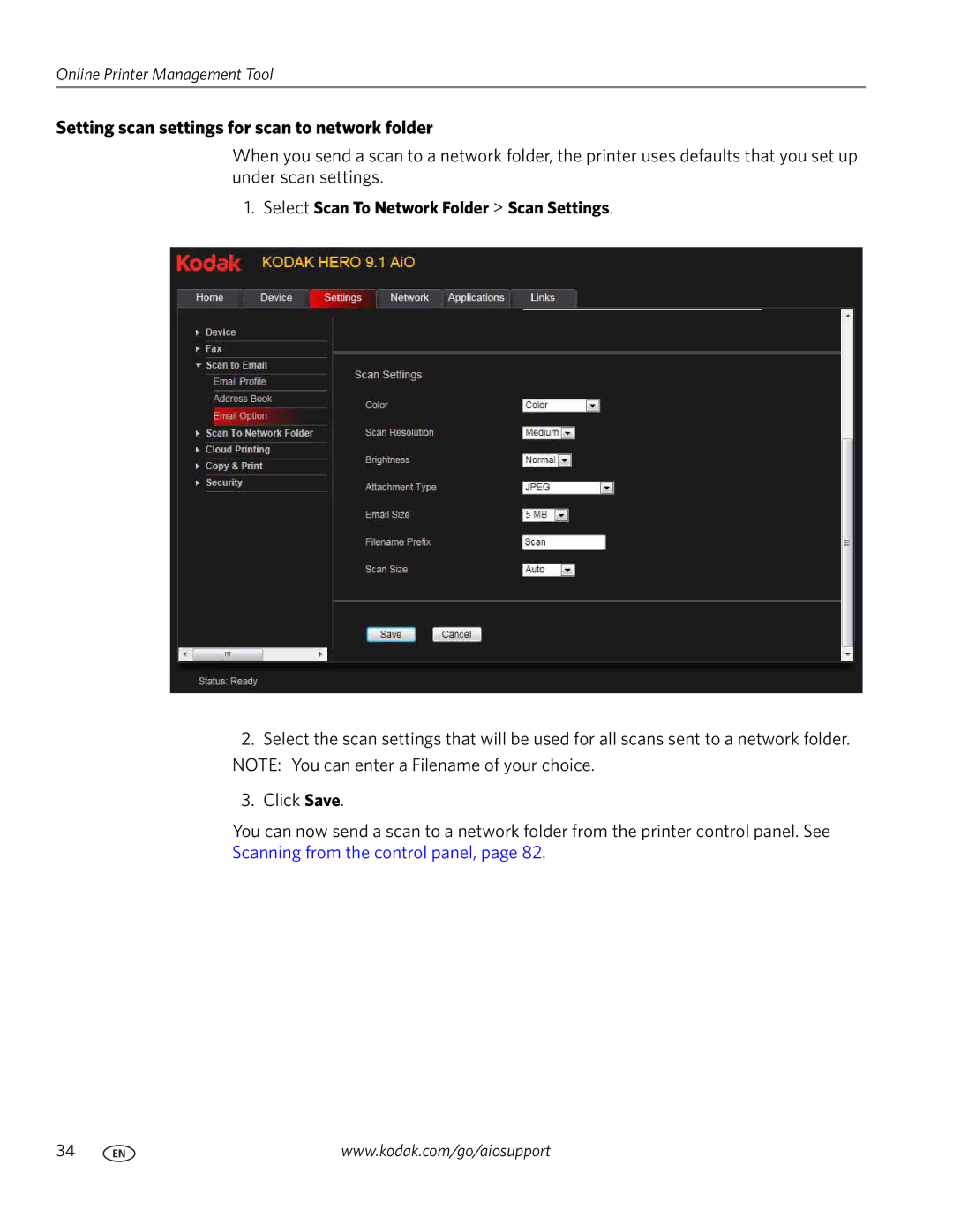 Kodak 9.1 manual Setting scan settings for scan to network folder, Select Scan To Network Folder Scan Settings 