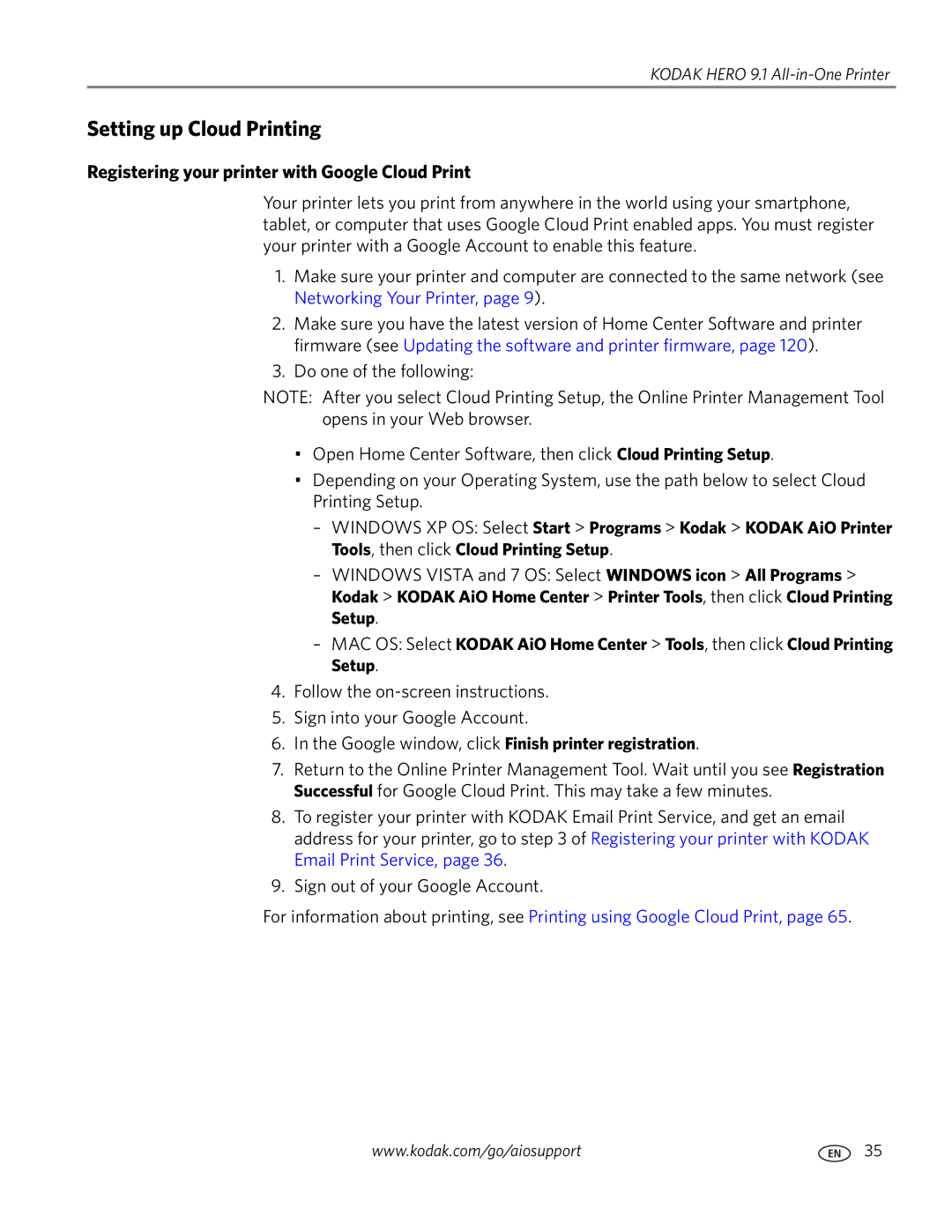 Kodak 9.1 manual Setting up Cloud Printing, Registering your printer with Google Cloud Print 