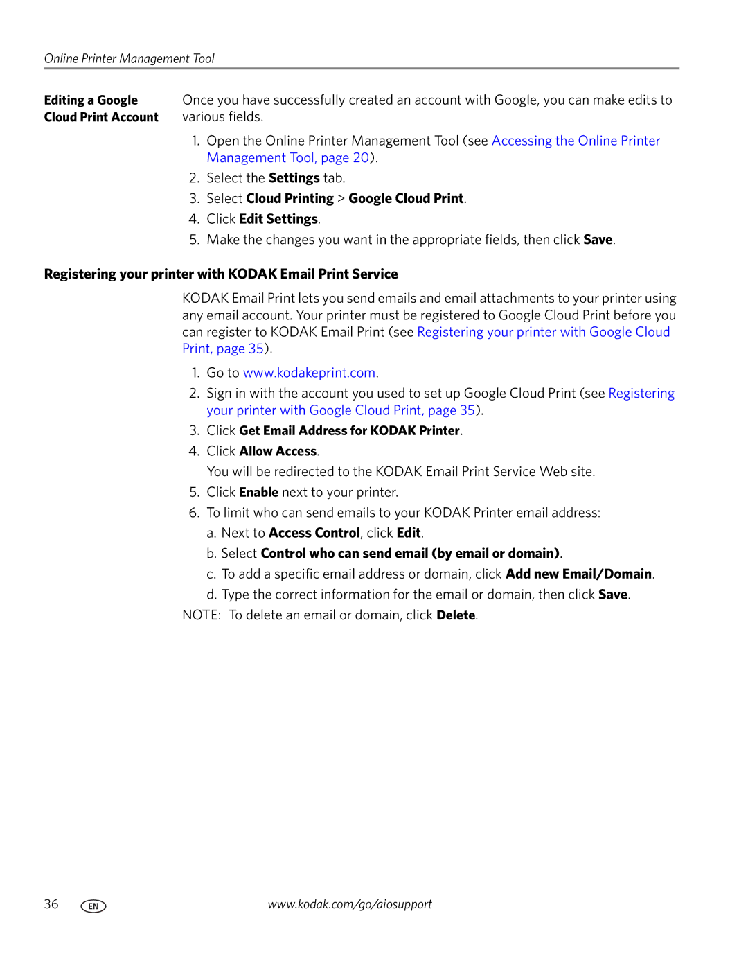 Kodak 9.1 manual Select Cloud Printing Google Cloud Print, Click Edit Settings, Editing a Google, Cloud Print Account 