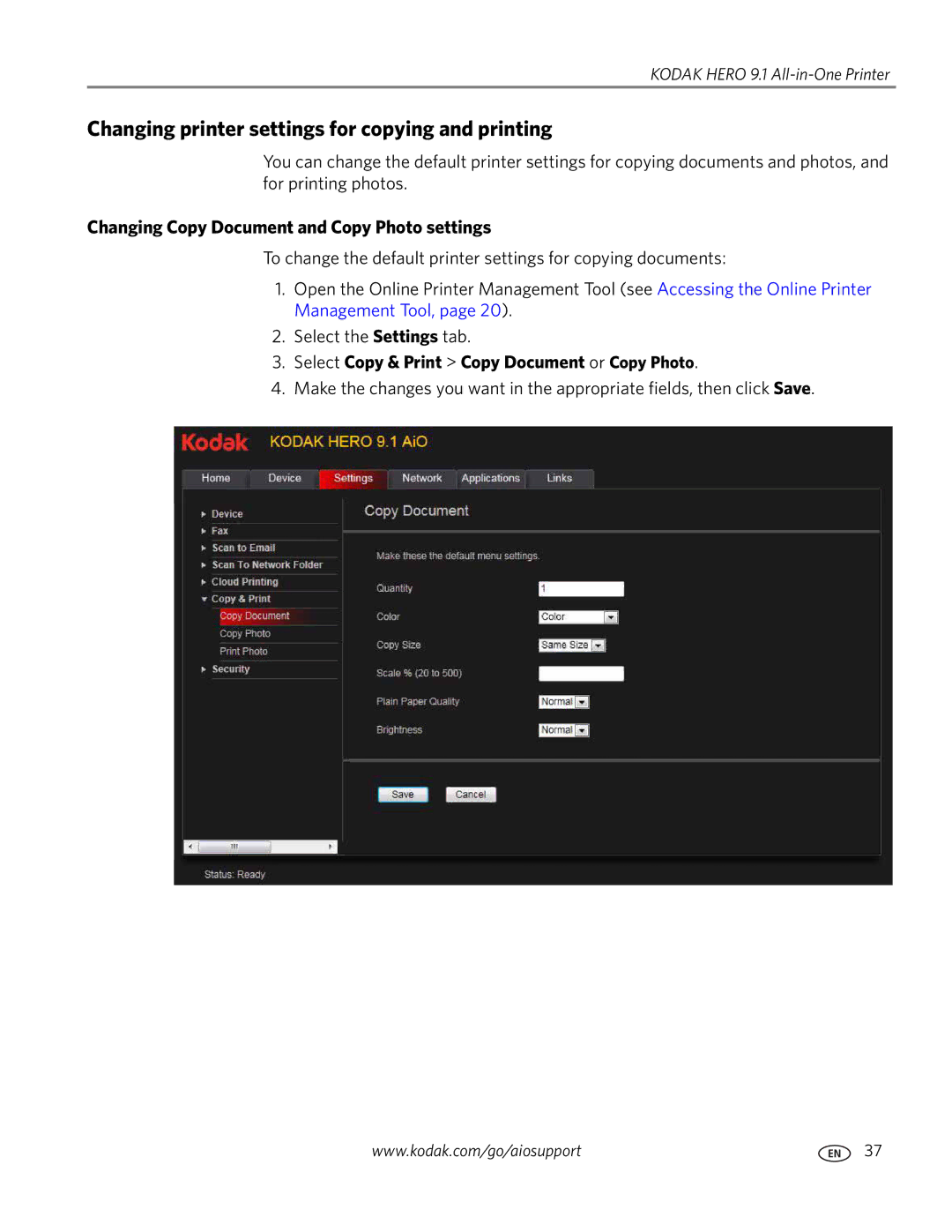 Kodak 9.1 manual Changing printer settings for copying and printing, Changing Copy Document and Copy Photo settings 