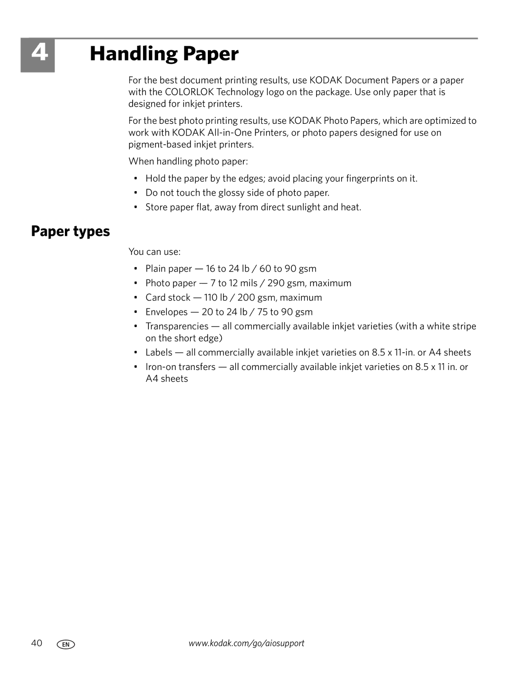 Kodak 9.1 manual Handling Paper, Paper types 