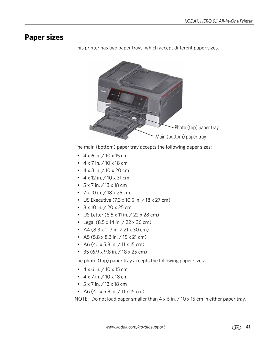 Kodak 9.1 manual Paper sizes, Photo top paper tray Main bottom paper tray 