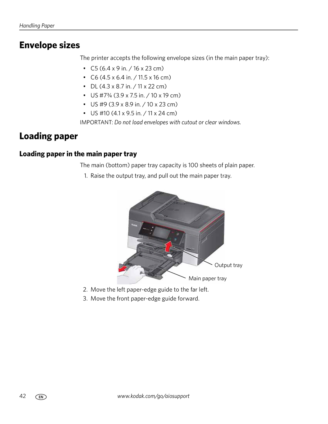 Kodak 9.1 manual Envelope sizes, Loading paper in the main paper tray 