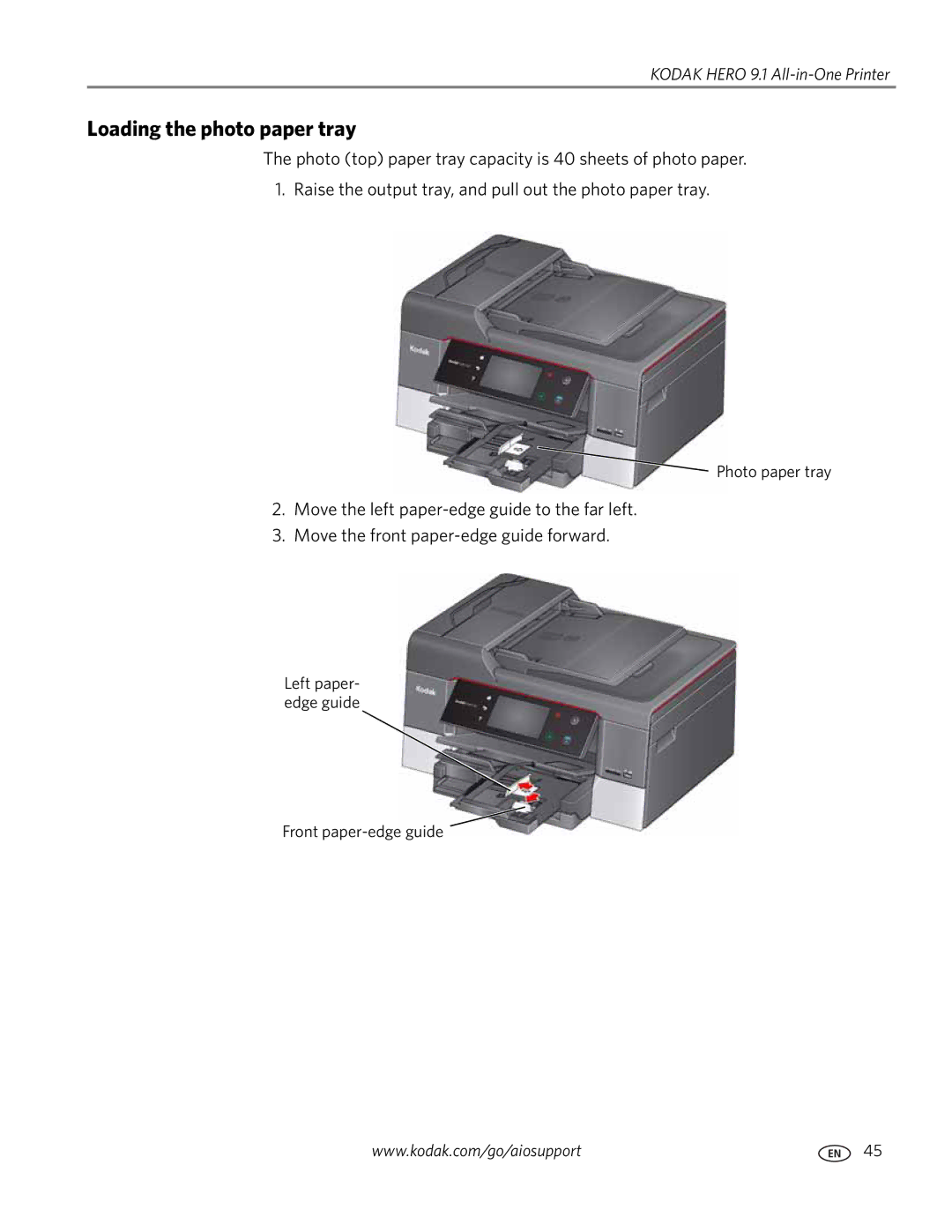 Kodak 9.1 manual Loading the photo paper tray 