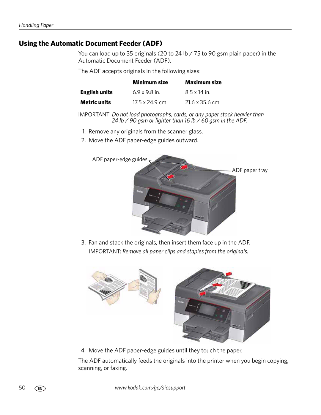 Kodak 9.1 manual Using the Automatic Document Feeder ADF, Minimum size, English units, Metric units 