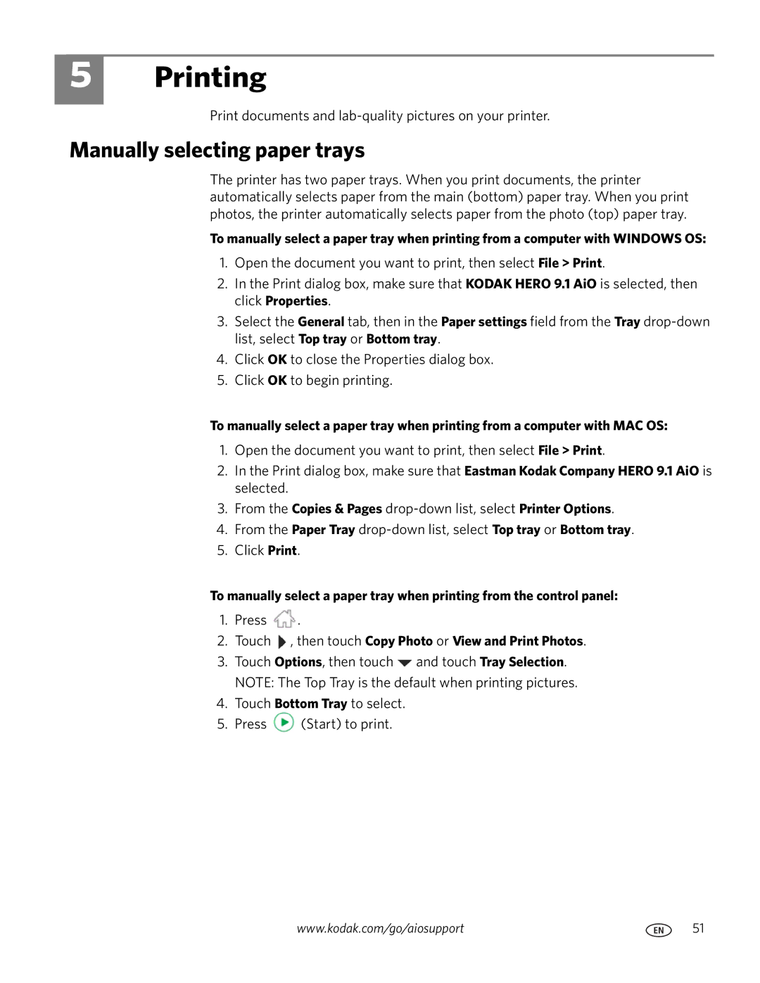 Kodak 9.1 manual Printing, Manually selecting paper trays, Touch , then touch Copy Photo or View and Print Photos 