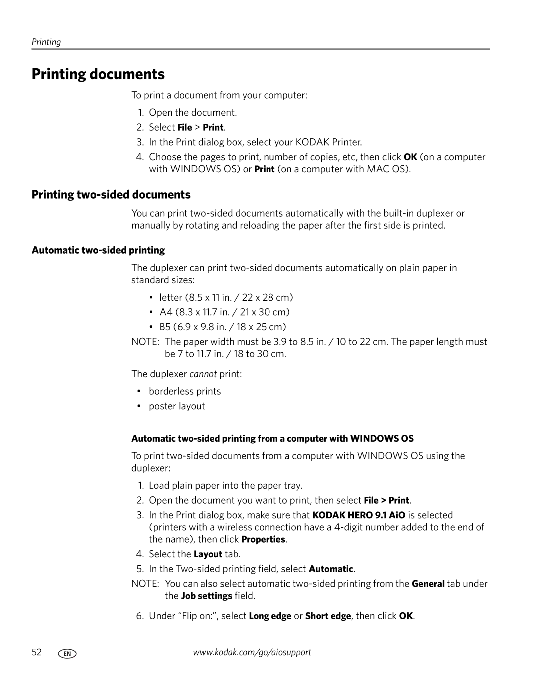 Kodak 9.1 manual Printing documents, Printing two-sided documents, Automatic two-sided printing 