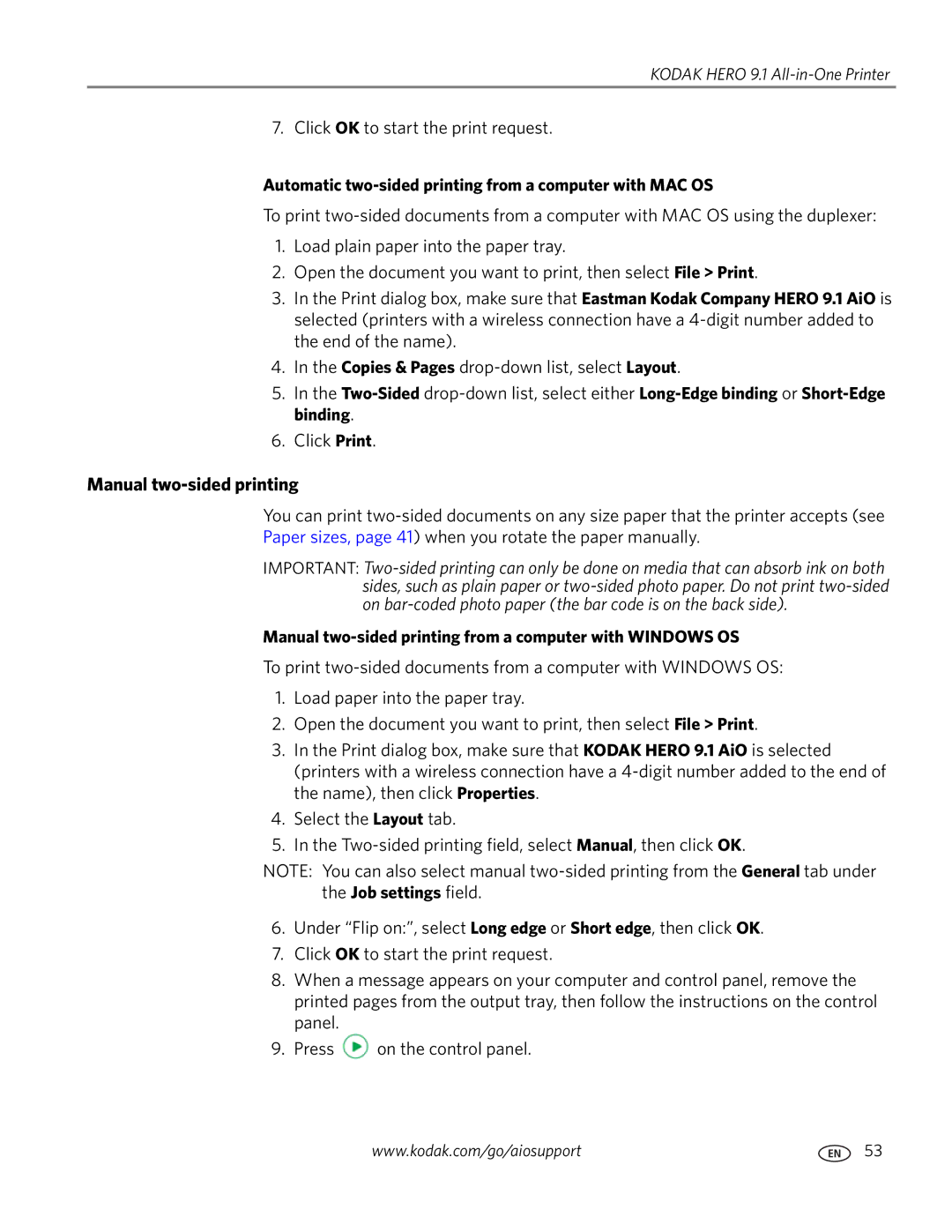 Kodak 9.1 manual Manual two-sided printing, Automatic two-sided printing from a computer with MAC OS 