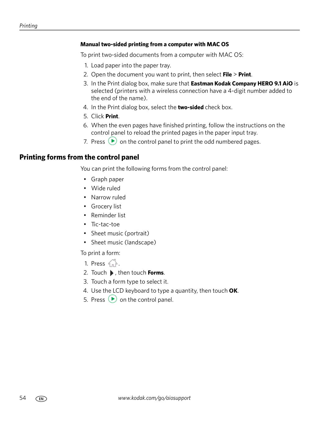 Kodak 9.1 manual Printing forms from the control panel, Manual two-sided printing from a computer with MAC OS 