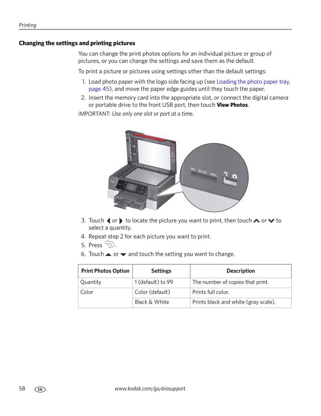 Kodak 9.1 manual Changing the settings and printing pictures, Print Photos Option Settings Description 