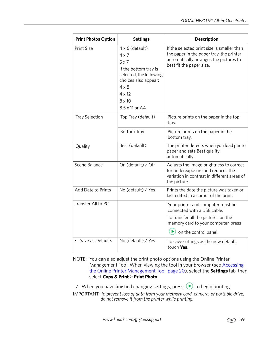 Kodak 9.1 manual Settings Description, Select Copy & Print Print Photo 