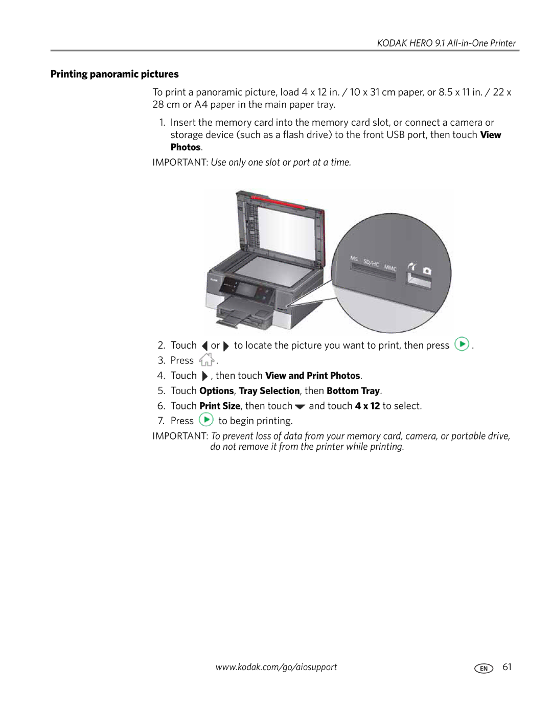 Kodak 9.1 manual Printing panoramic pictures, Touch Options, Tray Selection, then Bottom Tray 