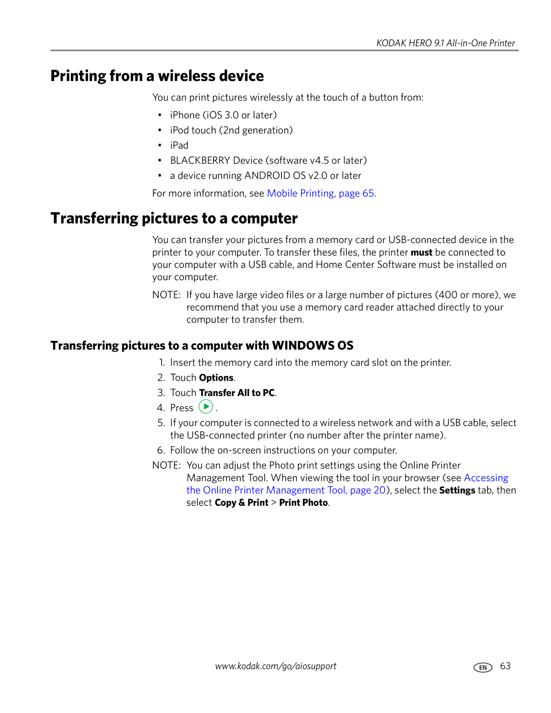 Kodak 9.1 manual Printing from a wireless device, Transferring pictures to a computer, Touch Transfer All to PC 