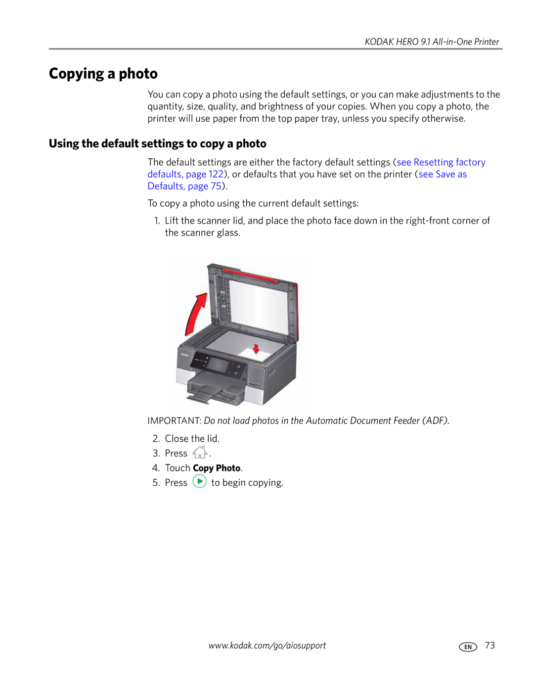 Kodak 9.1 manual Copying a photo, Using the default settings to copy a photo, Touch Copy Photo 