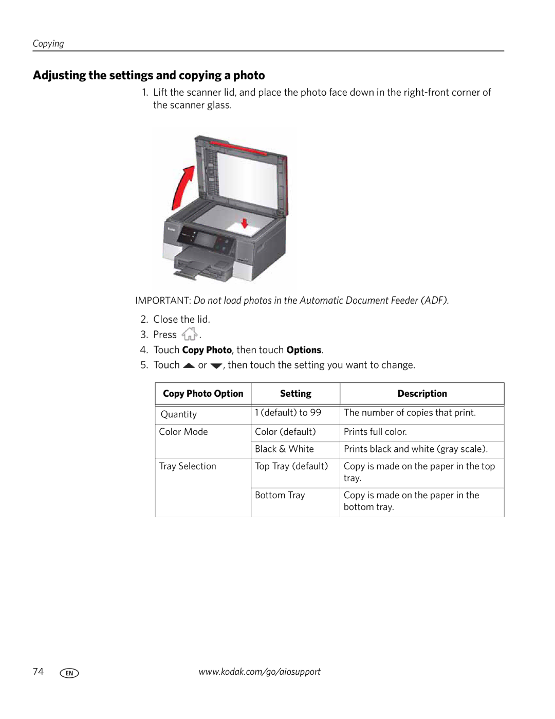 Kodak 9.1 manual Adjusting the settings and copying a photo, Copy Photo Option Setting Description 