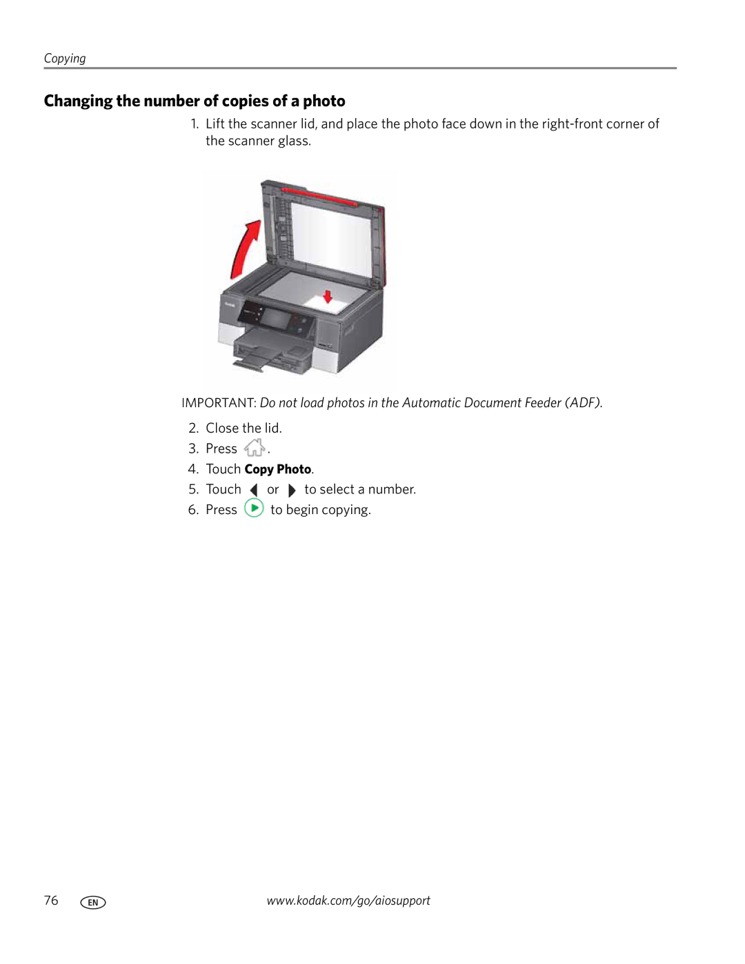 Kodak 9.1 manual Changing the number of copies of a photo, Touch Copy Photo 