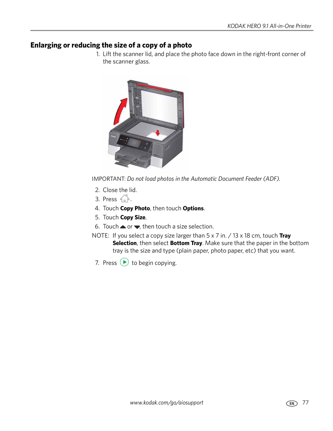 Kodak 9.1 manual Enlarging or reducing the size of a copy of a photo, Touch Copy Size 