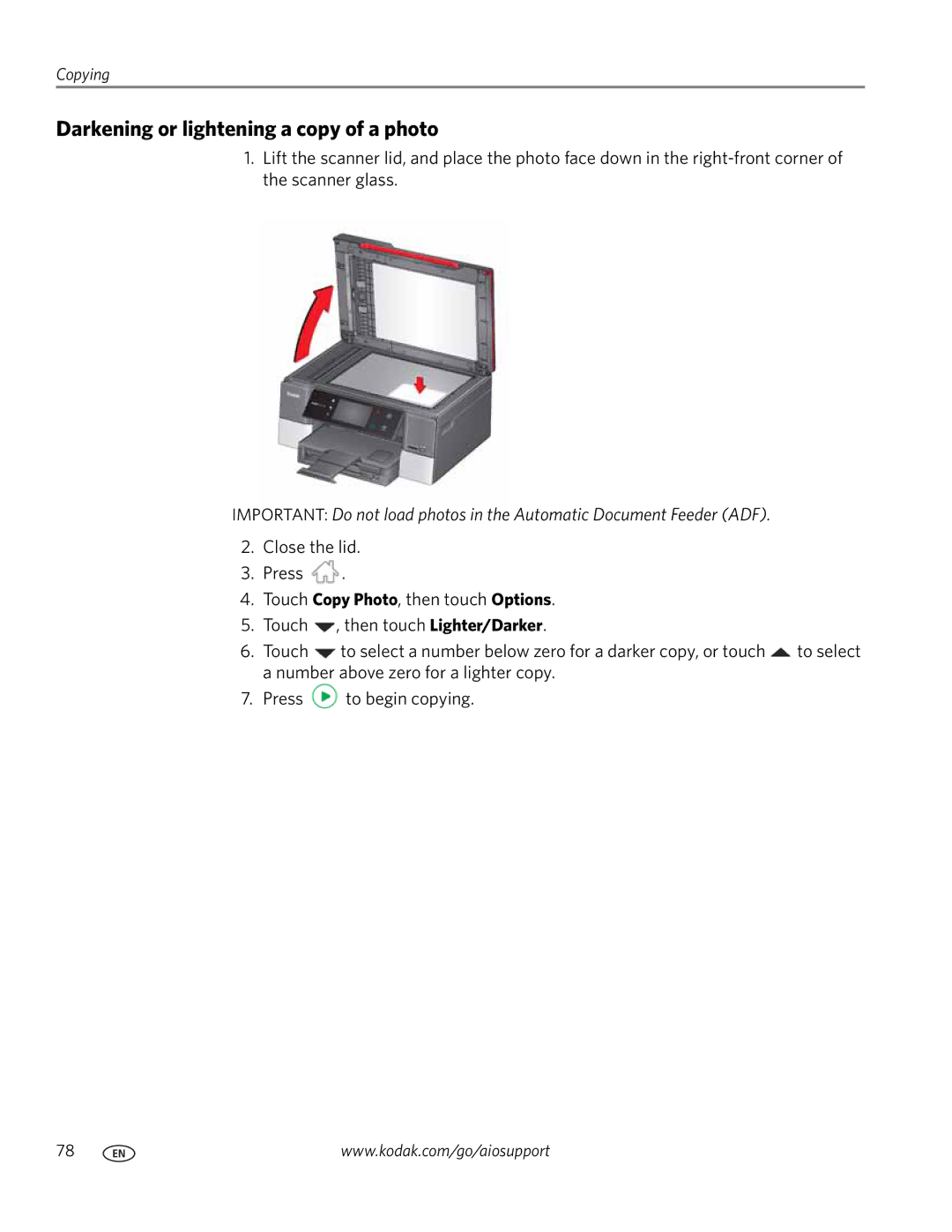 Kodak 9.1 manual Darkening or lightening a copy of a photo 