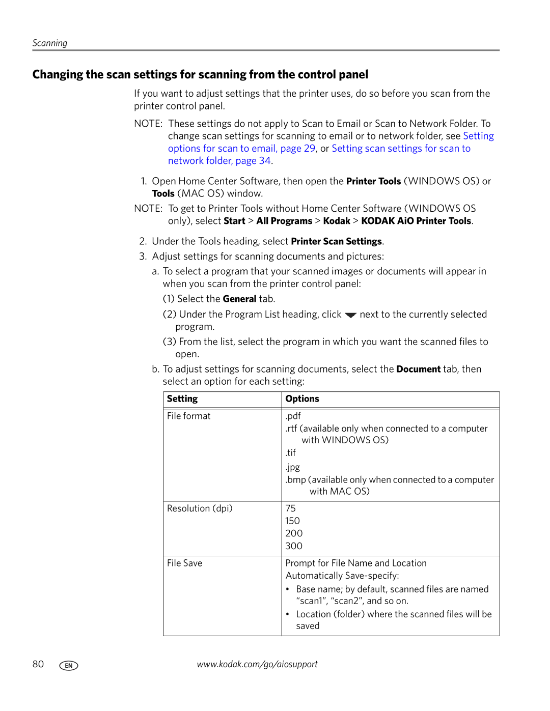 Kodak 9.1 manual Select an option for each setting, Setting Options 