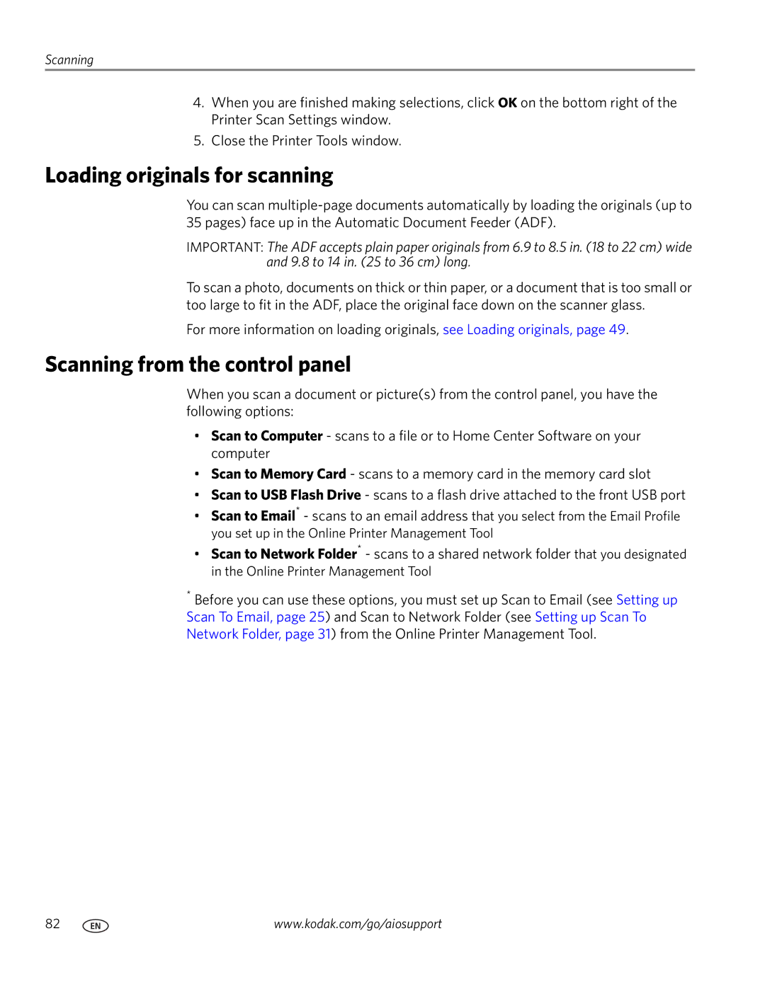 Kodak 9.1 manual Loading originals for scanning, Scanning from the control panel 