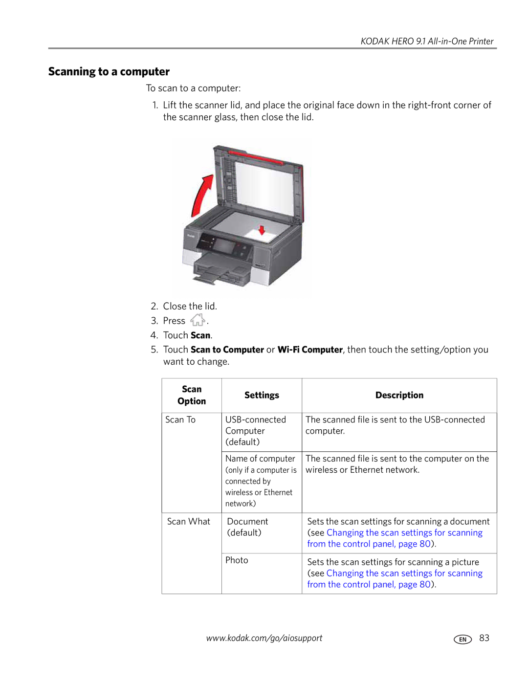 Kodak 9.1 manual Scanning to a computer 