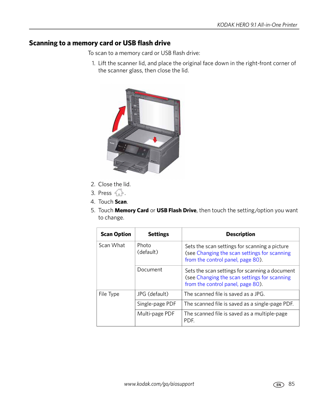 Kodak 9.1 manual Scanning to a memory card or USB flash drive, Scan Option Settings Description 