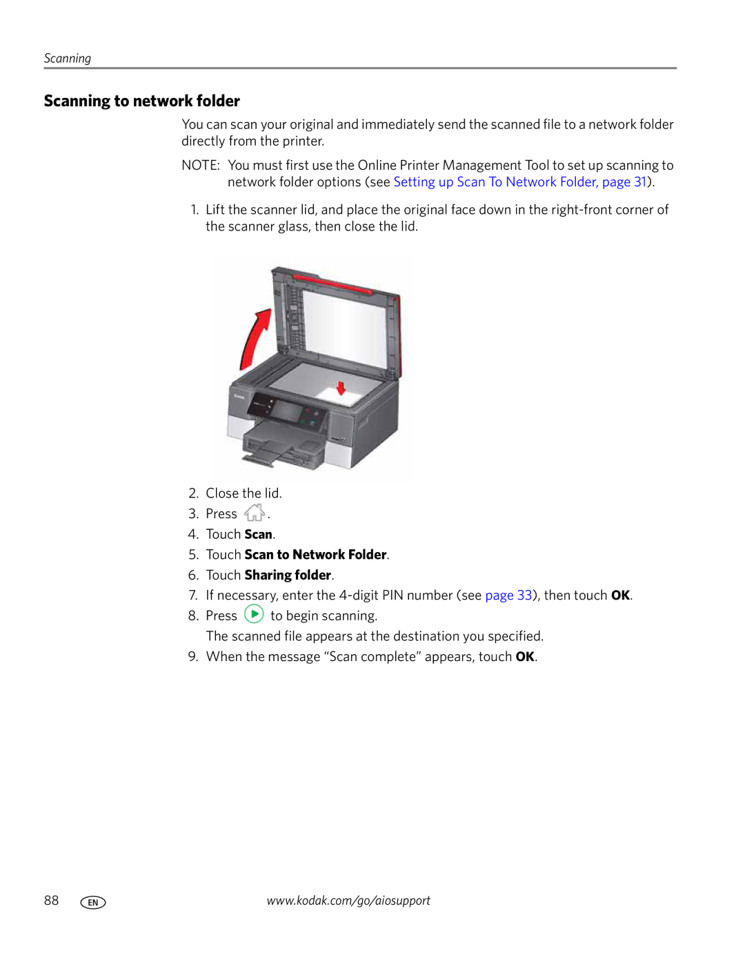 Kodak 9.1 manual Scanning to network folder, Touch Scan to Network Folder Touch Sharing folder 