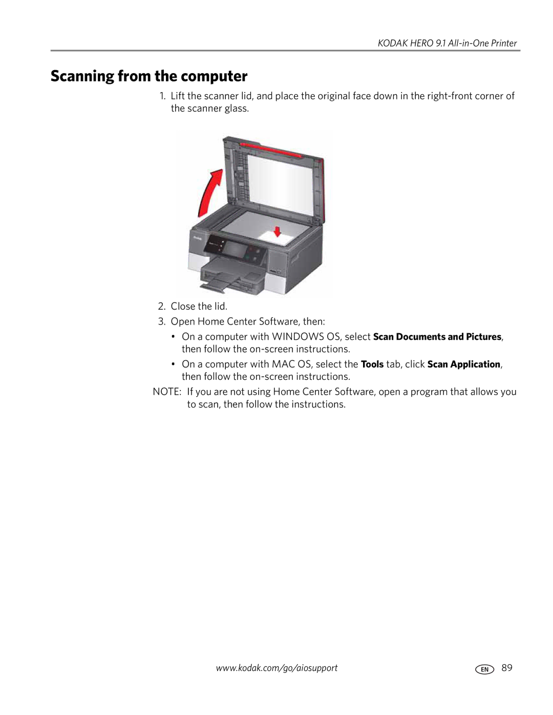 Kodak 9.1 manual Scanning from the computer 