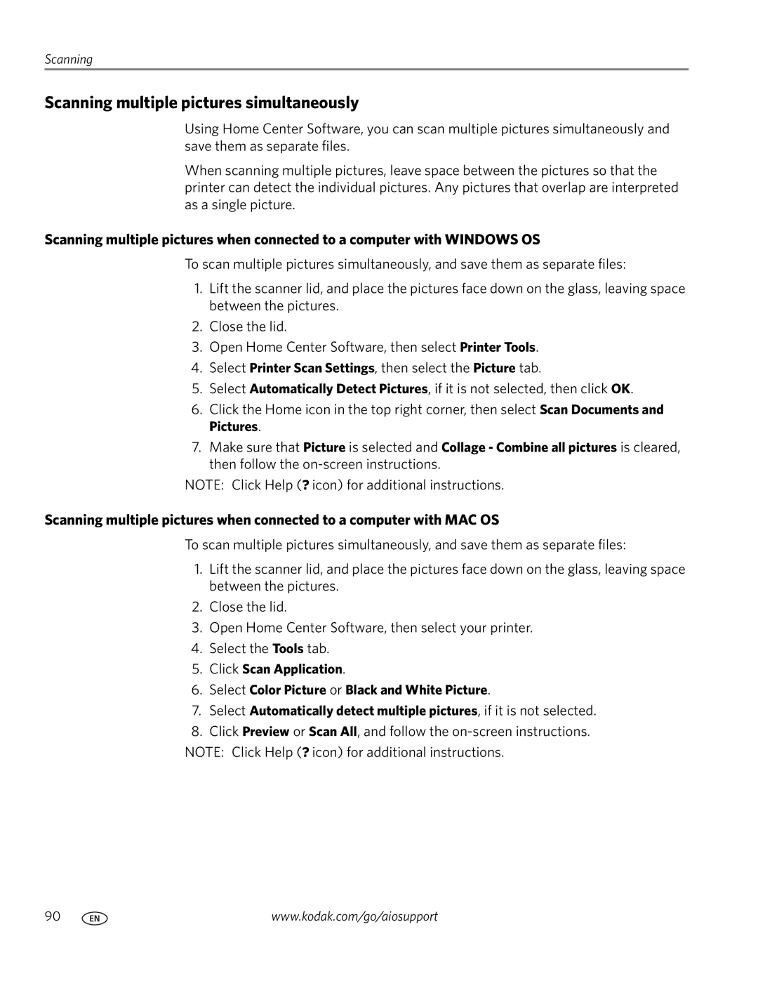 Kodak 9.1 manual Scanning multiple pictures simultaneously 