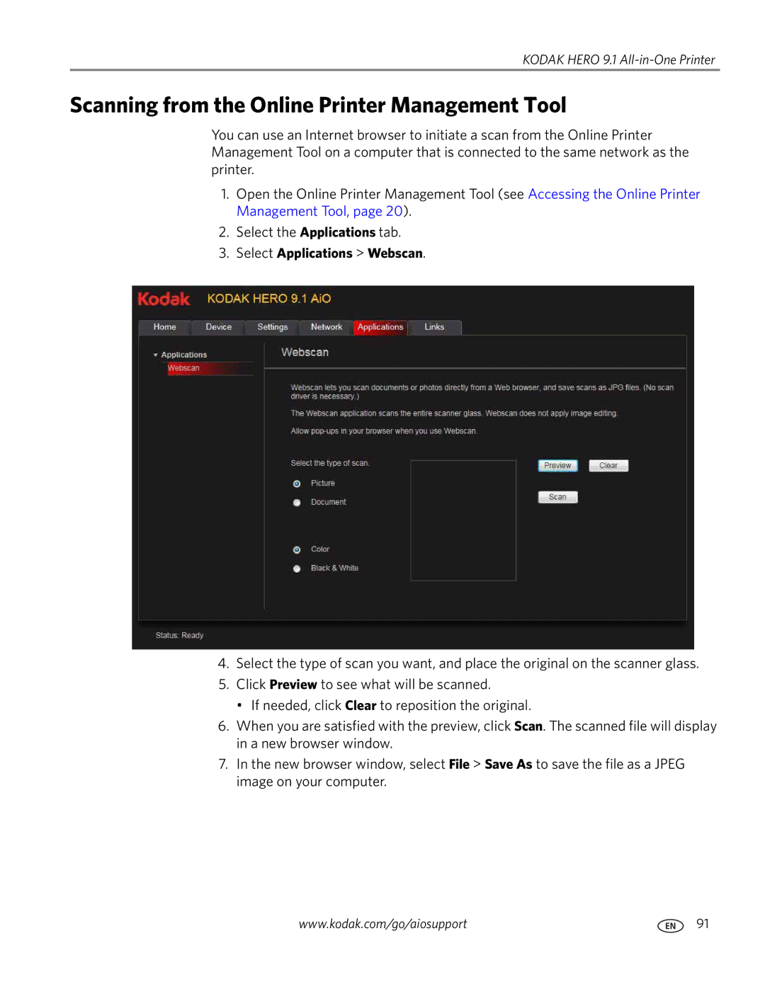 Kodak 9.1 manual Scanning from the Online Printer Management Tool, Select Applications Webscan 