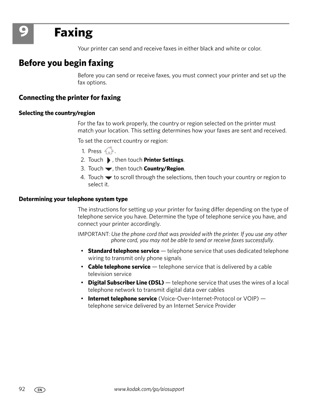 Kodak 9.1 manual Faxing, Before you begin faxing, Connecting the printer for faxing, Selecting the country/region 