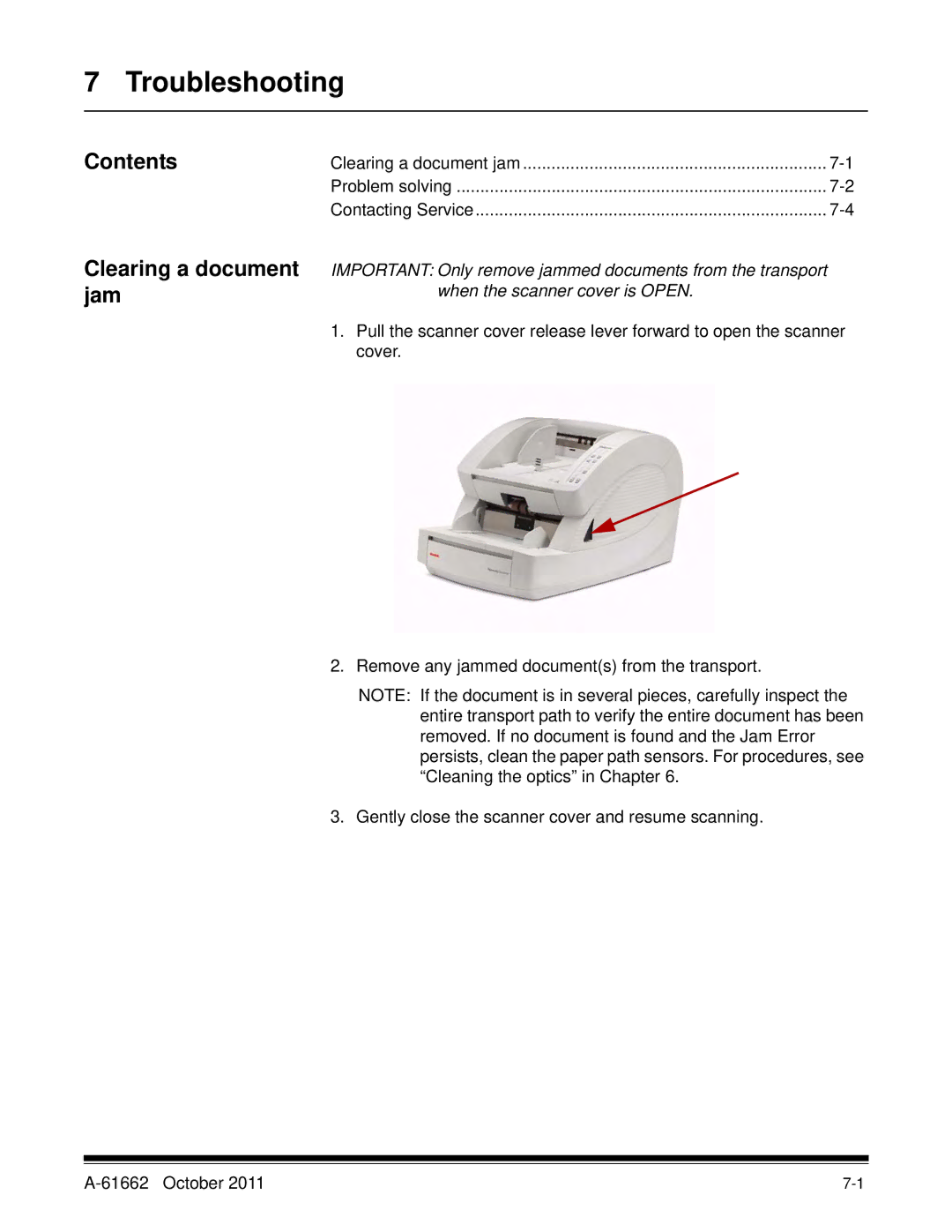 Kodak 9150DC, 9125DC, 9090DB, 9090DC manual Troubleshooting, Clearing a document jam 